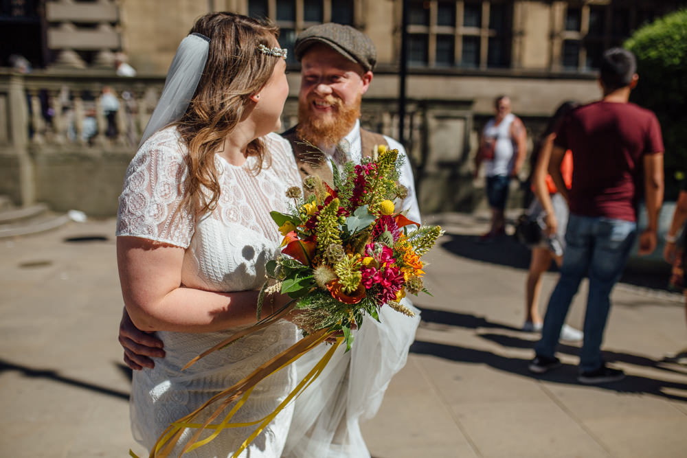 Bride Bridal High Neck Short Sleeve Lace Dress Crystal Headband Headpiece Sweetheart Neckline Waistcoat Tweed Chinos Flat Cap Multicoloured Bouquet Ribbon The Chimney House Wedding Ellie Grace Photography