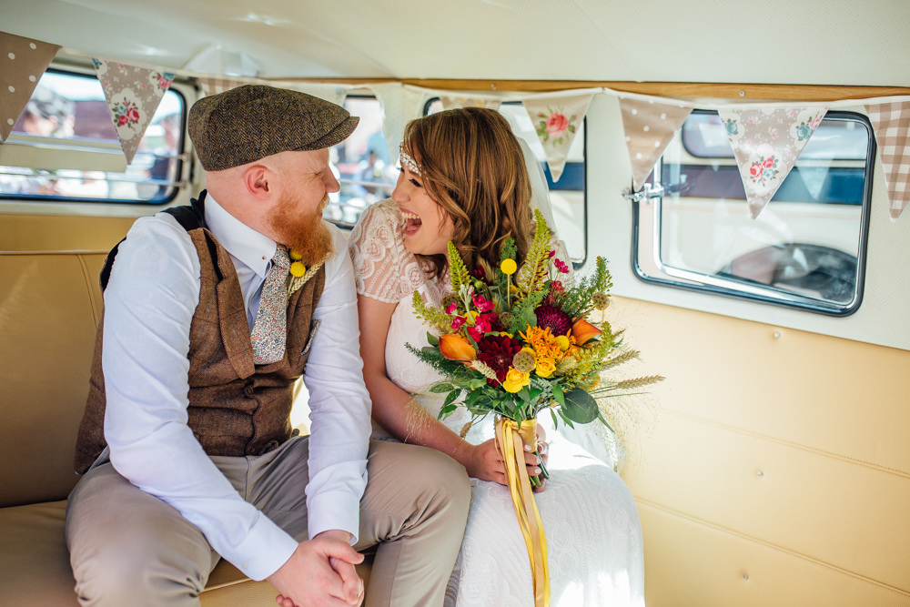 Bride Bridal High Neck Short Sleeve Lace Dress Crystal Headband Headpiece Sweetheart Neckline Waistcoat Tweed Chinos Flat Cap Multicoloured Bouquet Ribbon The Chimney House Wedding Ellie Grace Photography
