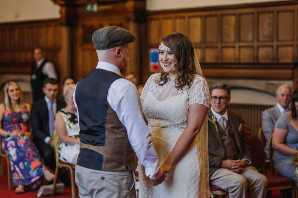Bride Bridal High Neck Short Sleeve Lace Dress Crystal Headband Headpiece Sweetheart Neckline Waistcoat Tweed Chinos Flat Cap The Chimney House Wedding Ellie Grace Photography
