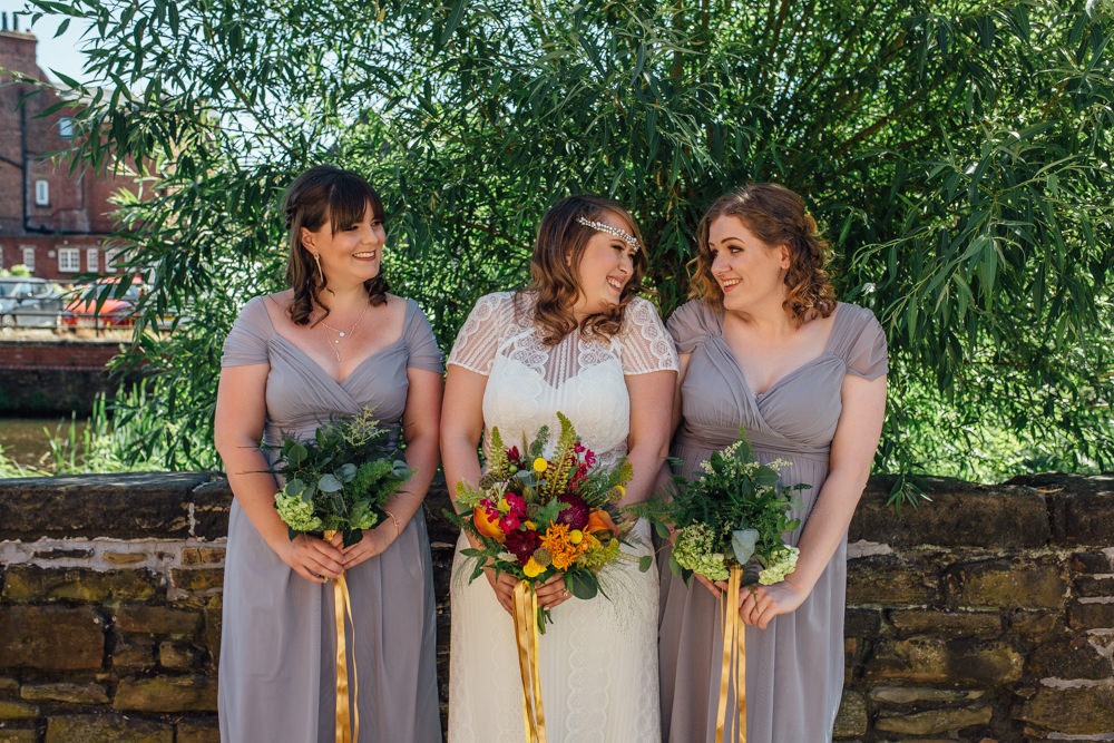 Bride Bridal High Neck Short Sleeve Lace Dress Crystal Headband Headpiece Sweetheart Neckline Slate Grey Bridesmaids Multicoloured Bouquet Ribbon The Chimney House Wedding Ellie Grace Photography
