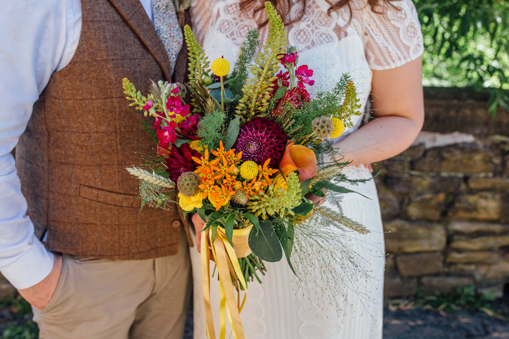 Bride Bridal Bouquet Multicoloured Dahlia Corn Yellow Ribbon The Chimney House Wedding Ellie Grace Photography