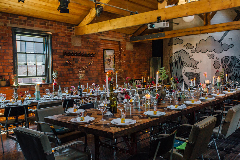 Industrial Dining Reception The Chimney House Wedding Ellie Grace Photography