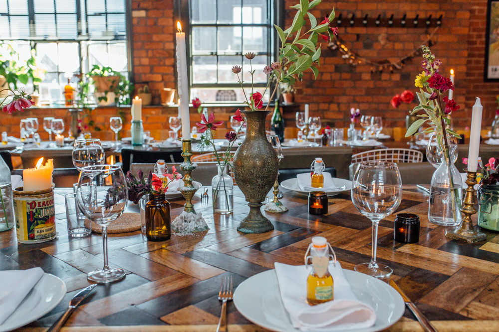 Industrial Parquet Table Tin Candle Bud Vases The Chimney House Wedding Ellie Grace Photography