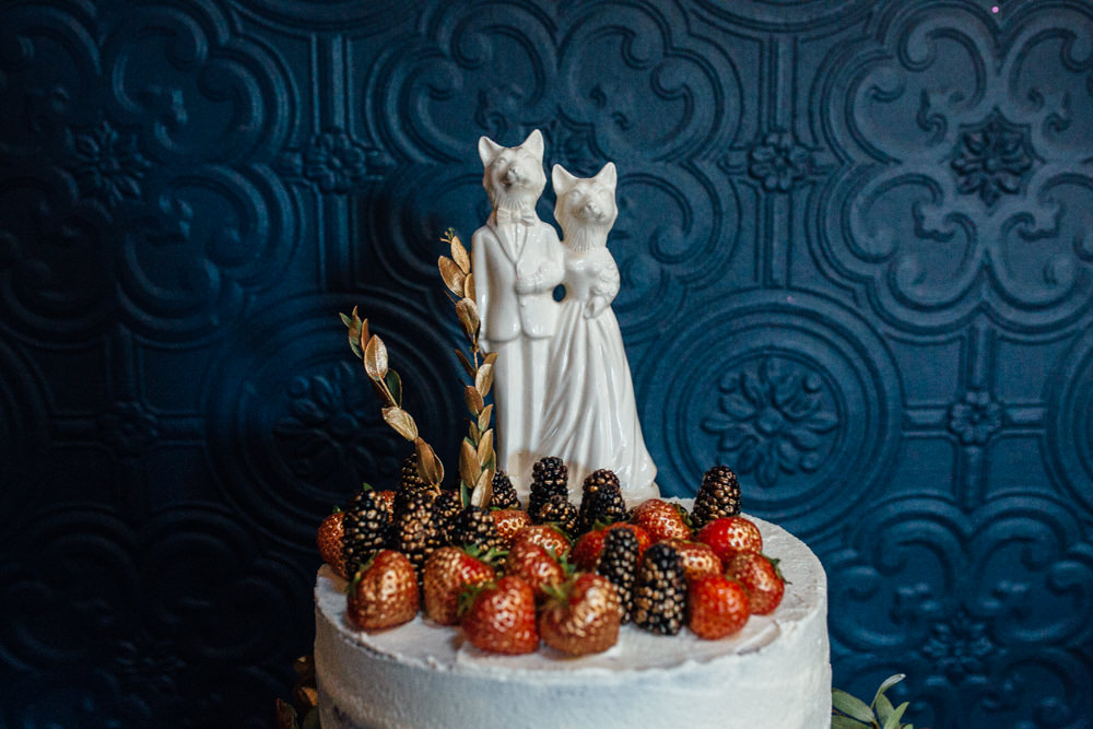 Buttercream Cake Fantastic Mr Fox Topper Gold Strawberries Blackberries The Chimney House Wedding Ellie Grace Photography