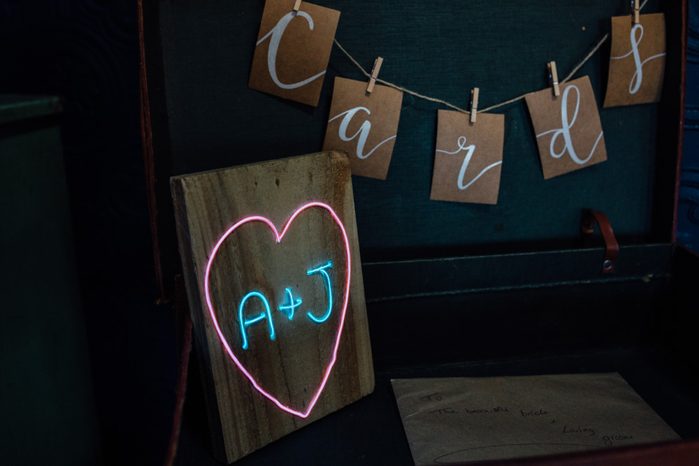 Neon Sign Initials Cards Twine Pegs The Chimney House Wedding Ellie Grace Photography