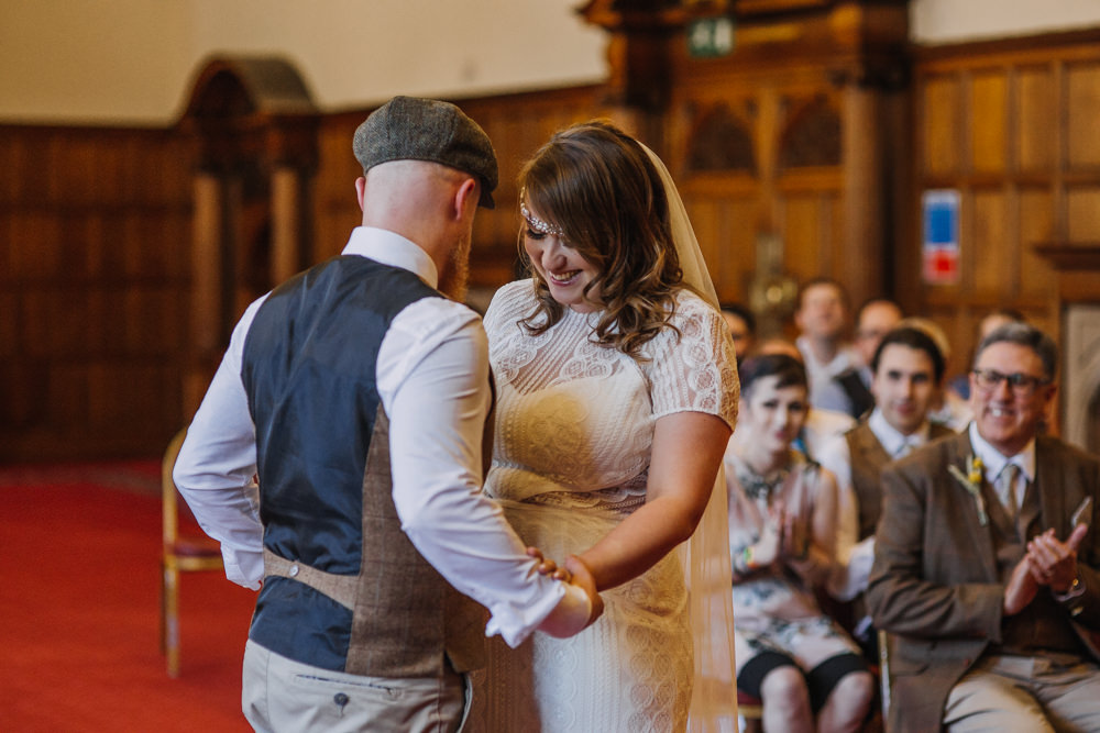 Bride Bridal High Neck Short Sleeve Lace Dress Crystal Headband Headpiece Sweetheart Neckline Waistcoat Tweed Chinos Flat Cap The Chimney House Wedding Ellie Grace Photography