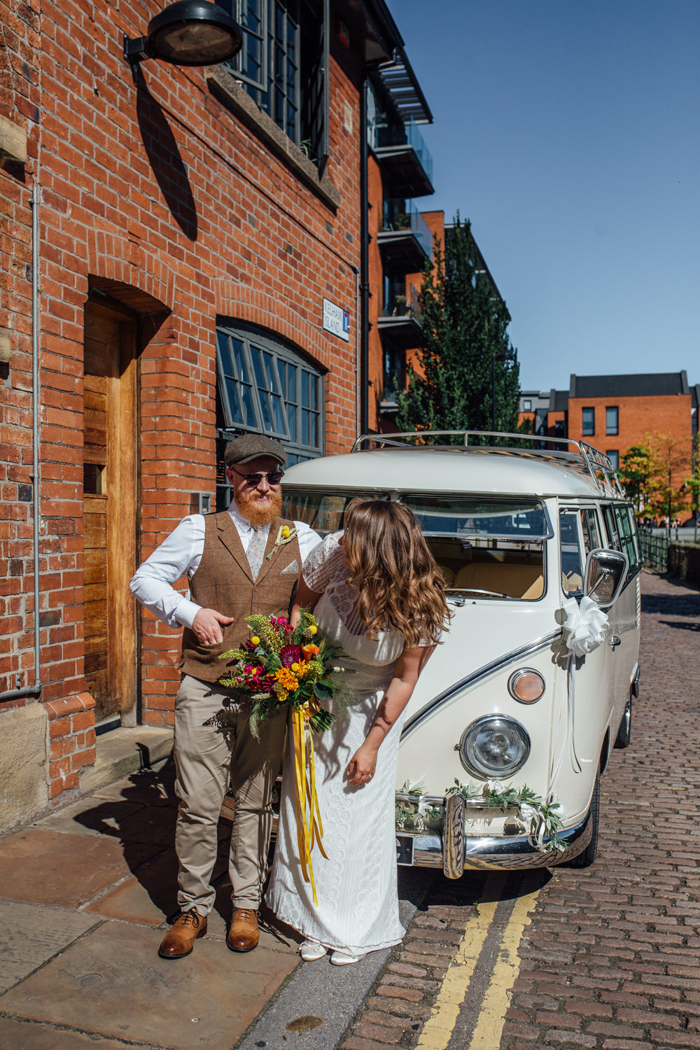 Bride Bridal High Neck Short Sleeve Lace Dress Crystal Headband Headpiece Sweetheart Neckline Waistcoat Tweed Chinos Flat Cap Multicoloured Bouquet Ribbon The Chimney House Wedding Ellie Grace Photography