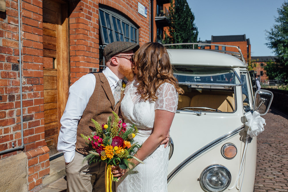 Bride Bridal High Neck Short Sleeve Lace Dress Crystal Headband Headpiece Sweetheart Neckline Waistcoat Tweed Chinos Flat Cap Multicoloured Bouquet Ribbon The Chimney House Wedding Ellie Grace Photography
