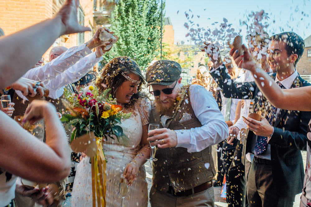 Bride Bridal High Neck Short Sleeve Lace Dress Crystal Headband Headpiece Sweetheart Neckline Waistcoat Tweed Chinos Flat Cap Multicoloured Bouquet Ribbon Confetti The Chimney House Wedding Ellie Grace Photography