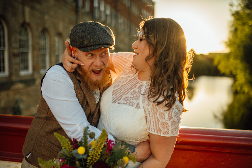 Bride Bridal High Neck Short Sleeve Lace Dress Crystal Headband Headpiece Sweetheart Neckline Waistcoat Tweed Chinos Flat Cap Multicoloured Bouquet Ribbon The Chimney House Wedding Ellie Grace Photography