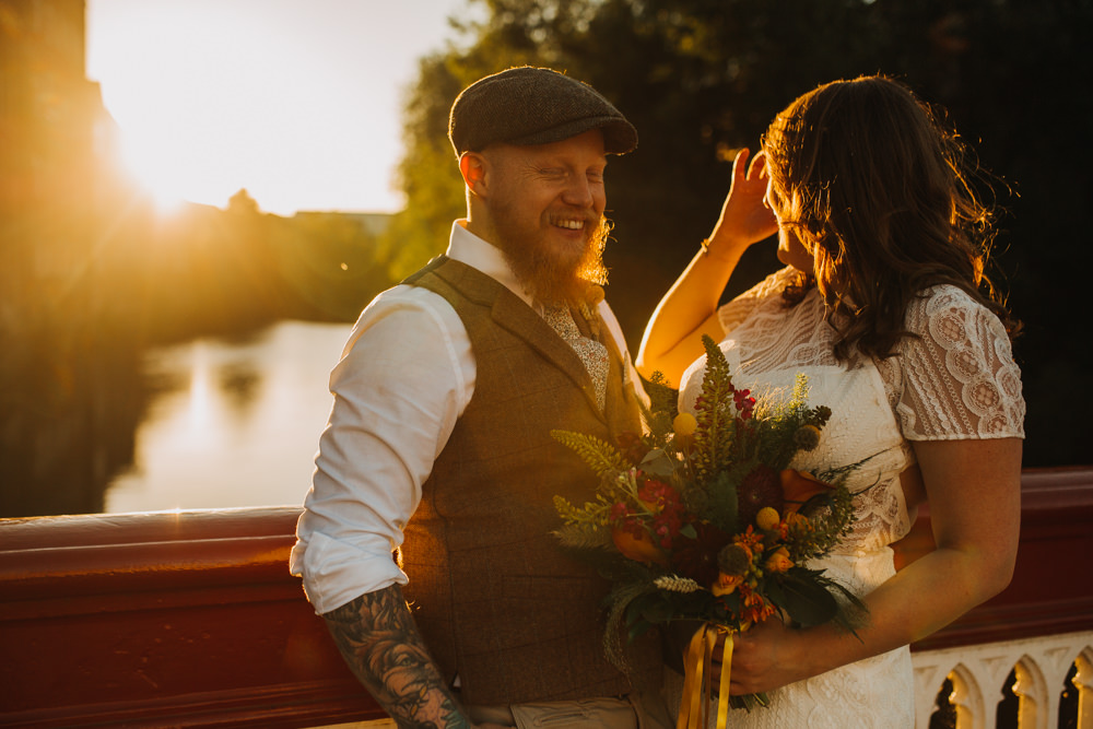 Bride Bridal High Neck Short Sleeve Lace Dress Crystal Headband Headpiece Sweetheart Neckline Waistcoat Tweed Chinos Flat Cap Multicoloured Bouquet Ribbon The Chimney House Wedding Ellie Grace Photography