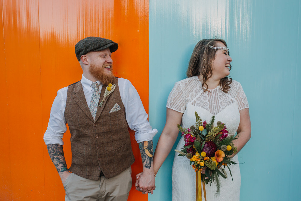 Bride Bridal High Neck Short Sleeve Lace Dress Crystal Headband Headpiece Sweetheart Neckline Waistcoat Tweed Chinos Flat Cap Multicoloured Bouquet Ribbon The Chimney House Wedding Ellie Grace Photography