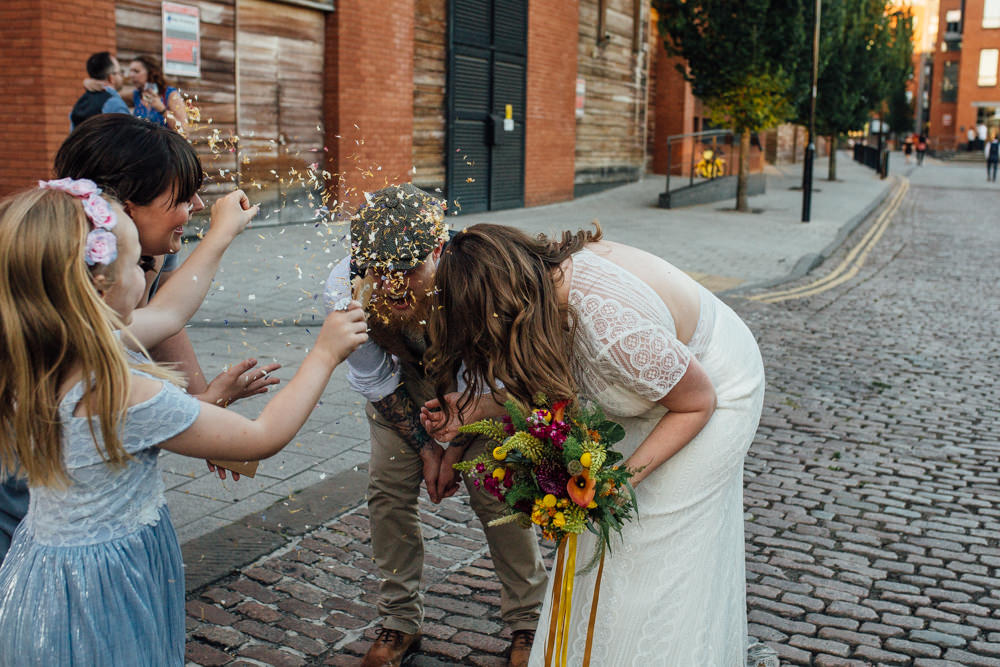 Bride Bridal High Neck Short Sleeve Lace Dress Crystal Headband Headpiece Sweetheart Neckline Waistcoat Tweed Chinos Flat Cap Multicoloured Bouquet Ribbon Confetti The Chimney House Wedding Ellie Grace Photography