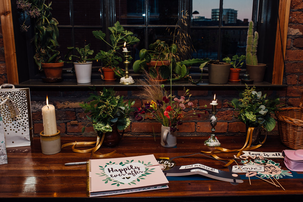 Guest Book Table Photobooth Succulents Candles The Chimney House Wedding Ellie Grace Photography