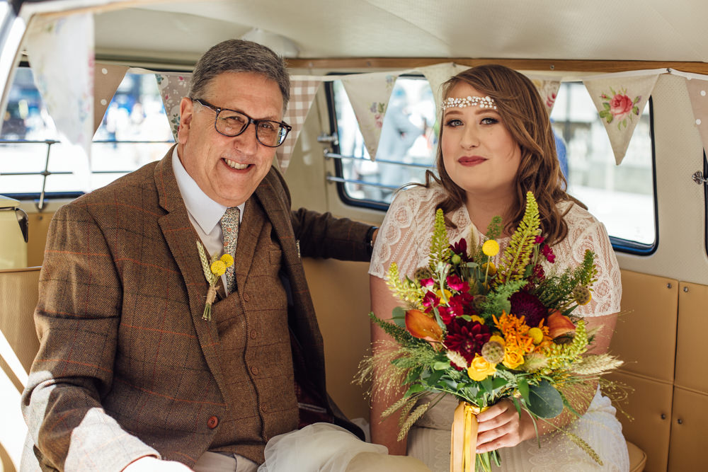 Bride Bridal High Neck Short Sleeve Lace Dress Crystal Headband Headpiece Sweetheart Neckline Waistcoat Tweed Chinos Liberty Print Tie Multicoloured Bouquet Ribbon The Chimney House Wedding Ellie Grace Photography