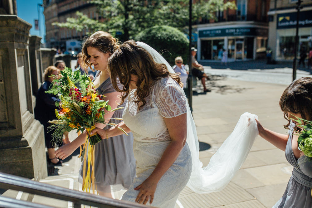 Bride Bridal High Neck Short Sleeve Lace Dress Crystal Headband Headpiece Sweetheart Neckline Multicoloured Bouquet Ribbon The Chimney House Wedding Ellie Grace Photography