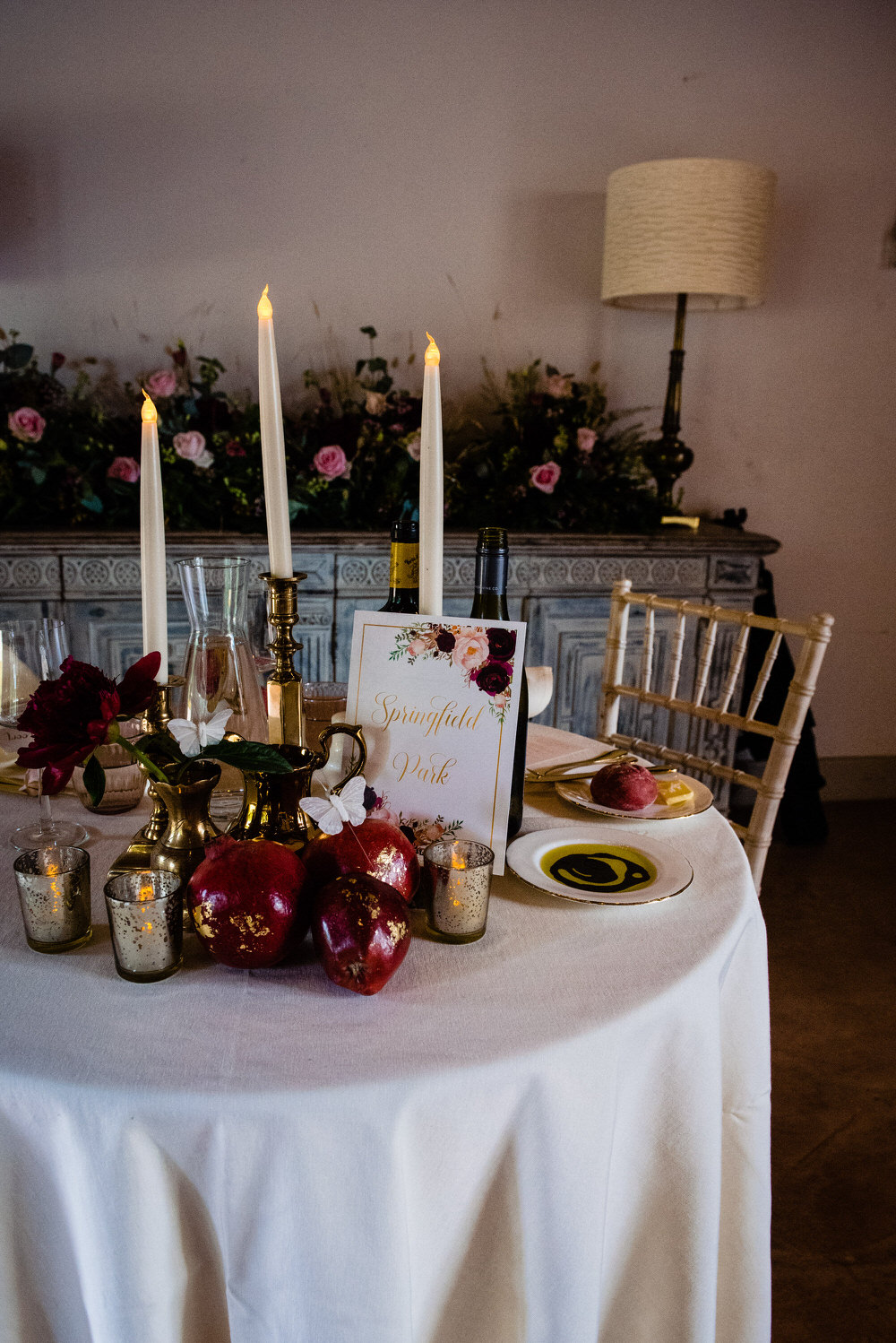 Sweetheart Table Decor Flowers Candles Fruit Gold West Lexham Wedding James Powell Photography