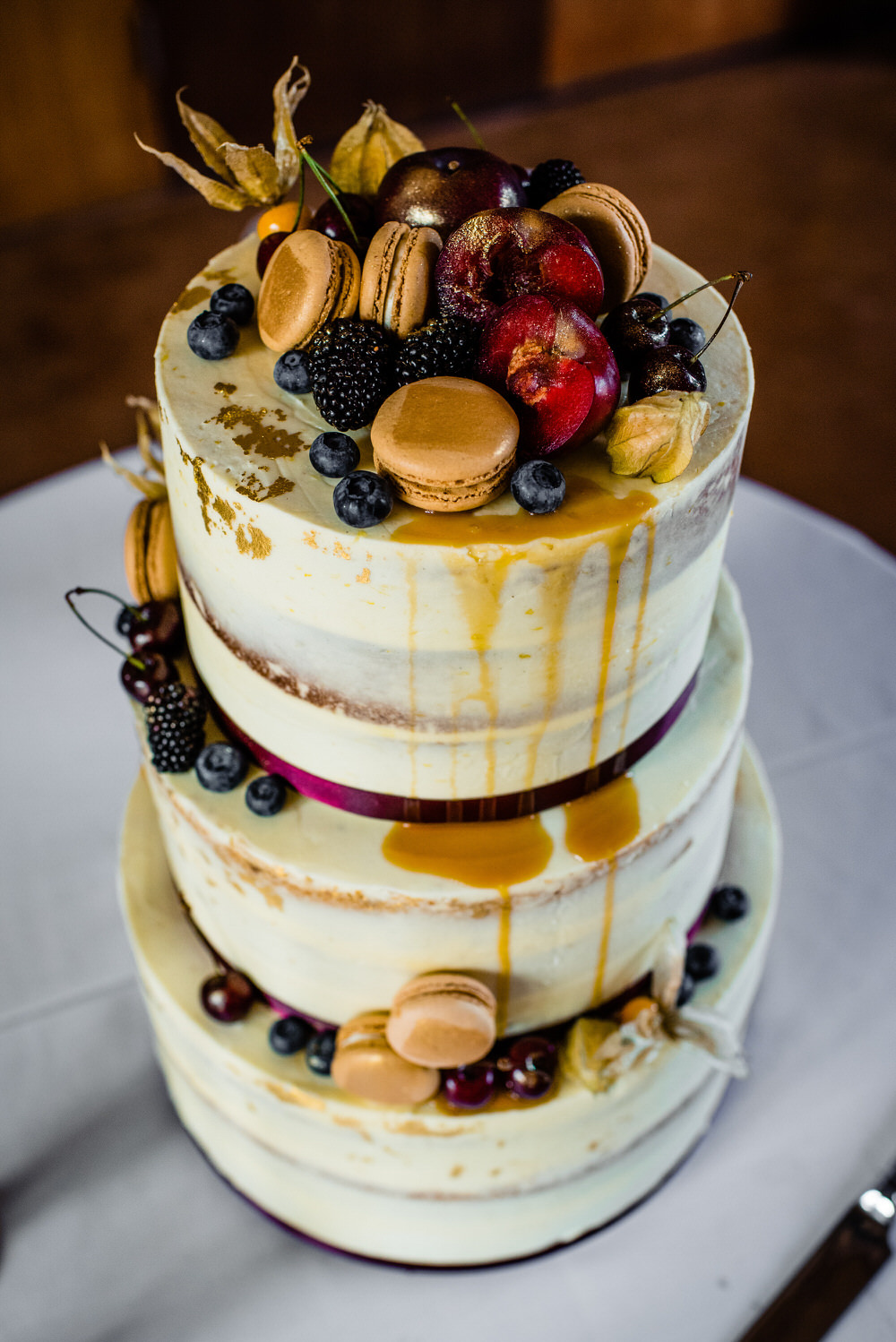Cake Semi Naked Drio Fruit Macaron Gold Leaf Topper West Lexham Wedding James Powell Photography