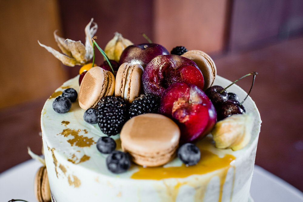 Cake Semi Naked Drio Fruit Macaron Gold Leaf Topper West Lexham Wedding James Powell Photography