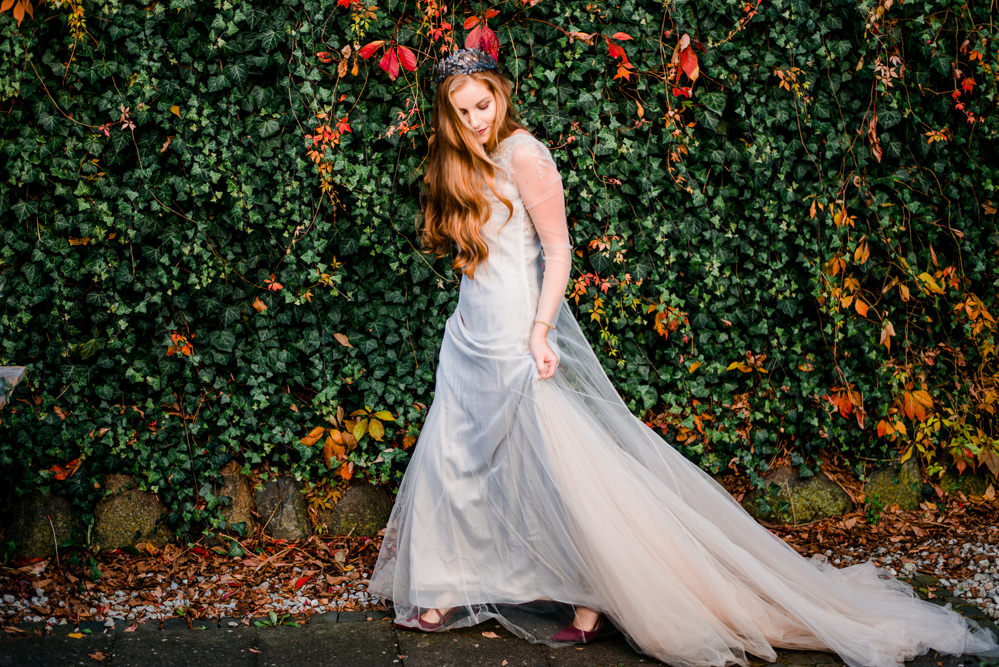Dress Gown Bride Bridal Sleeves Sheer Lace Tulle Skirt Train Autumnal Fairytale Wedding Ideas Miriam Peuser Photography
