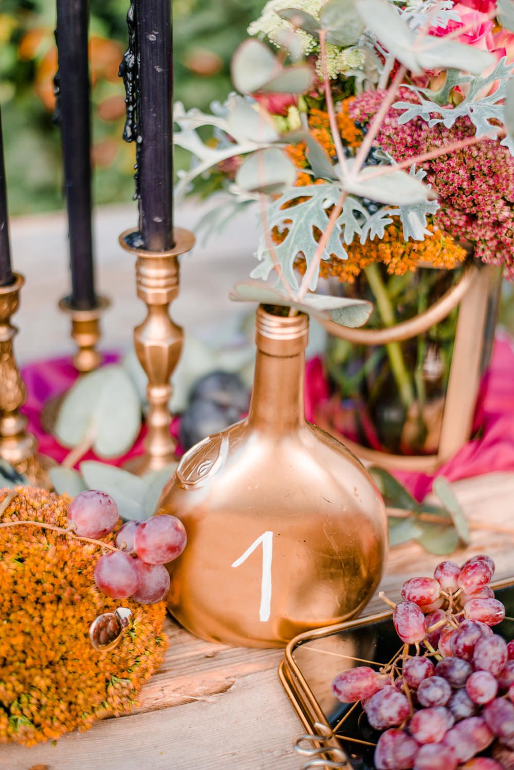 Gold Copper Bottle Table Name Autumnal Fairytale Wedding Ideas Miriam Peuser Photography