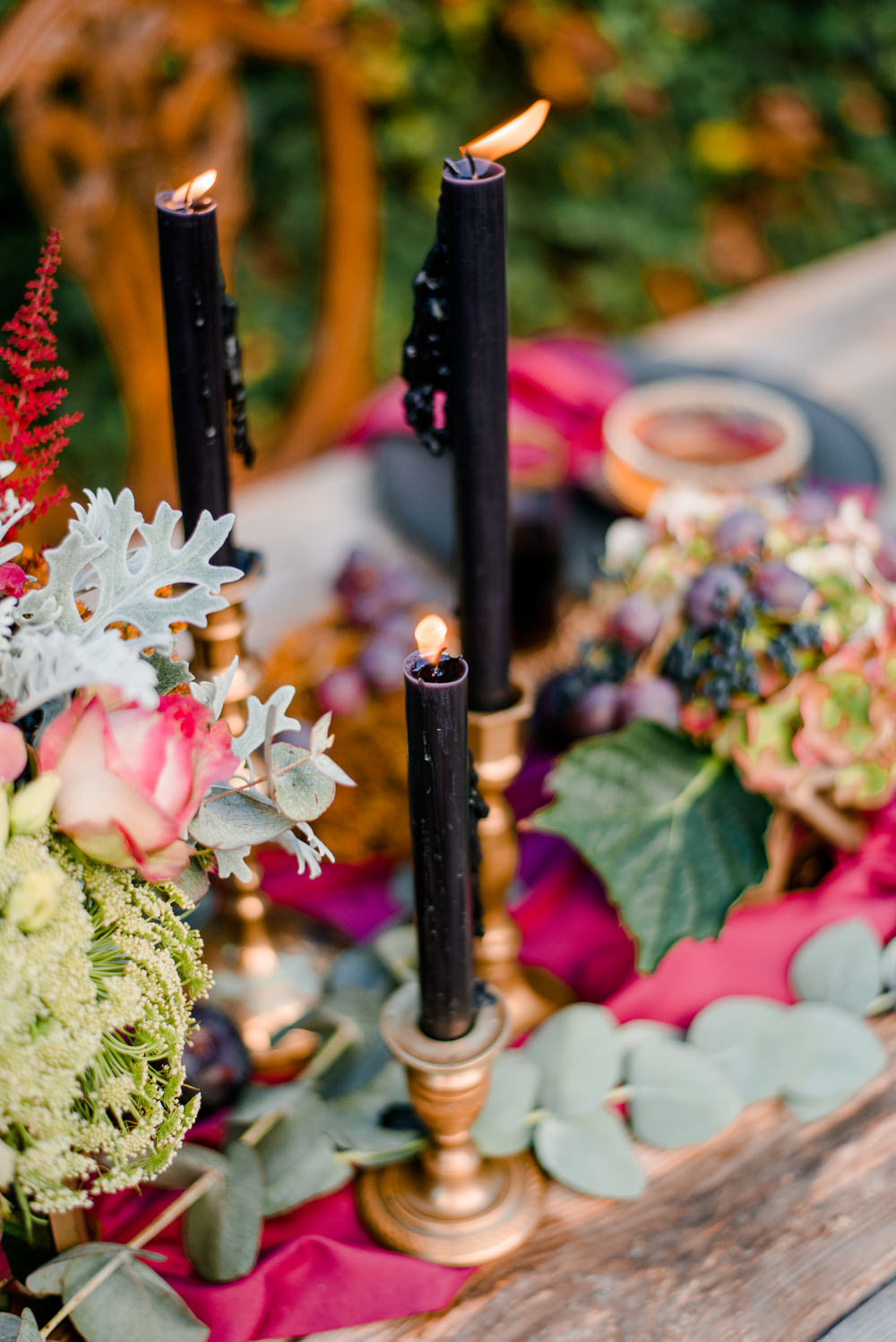 Dark Deep Purple Candle Sticks Autumnal Fairytale Wedding Ideas Miriam Peuser Photography