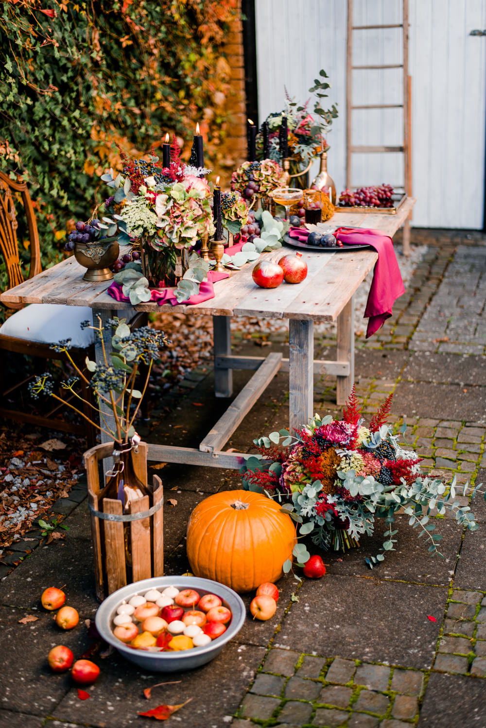 Table Tablescape Decor Decoration Fruit Flowers Candles Autumn Pumpkins Autumnal Fairytale Wedding Ideas Miriam Peuser Photography