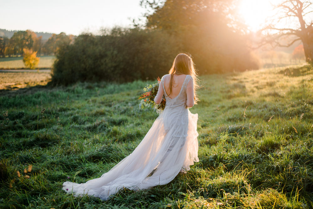 Dress Gown Bride Bridal Sleeves Sheer Lace Tulle Skirt Train Autumnal Fairytale Wedding Ideas Miriam Peuser Photography