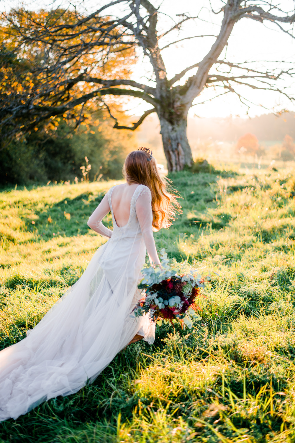 Dress Gown Bride Bridal Sleeves Sheer Lace Tulle Skirt Train Autumnal Fairytale Wedding Ideas Miriam Peuser Photography
