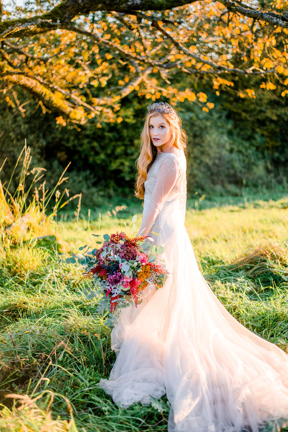 Dress Gown Bride Bridal Sleeves Sheer Lace Tulle Skirt Train Autumnal Fairytale Wedding Ideas Miriam Peuser Photography