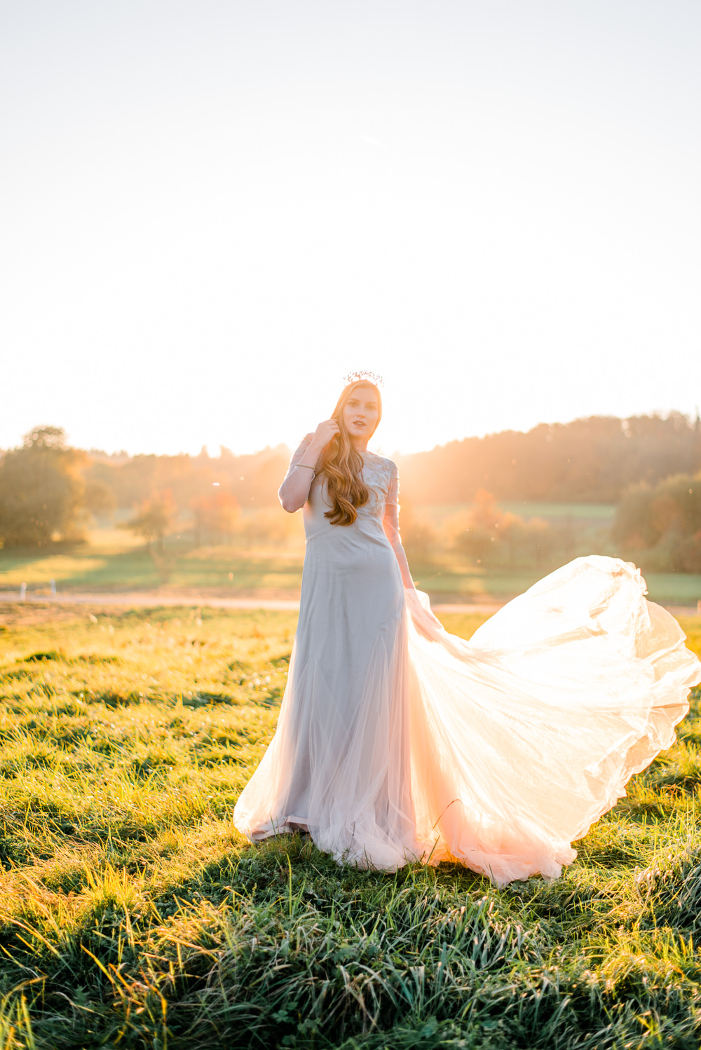 Dress Gown Bride Bridal Sleeves Sheer Lace Tulle Skirt Train Autumnal Fairytale Wedding Ideas Miriam Peuser Photography