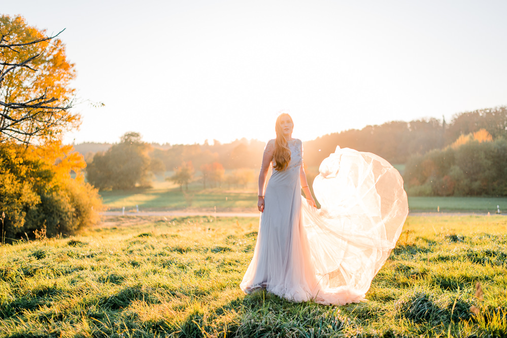 Dress Gown Bride Bridal Sleeves Sheer Lace Tulle Skirt Train Autumnal Fairytale Wedding Ideas Miriam Peuser Photography