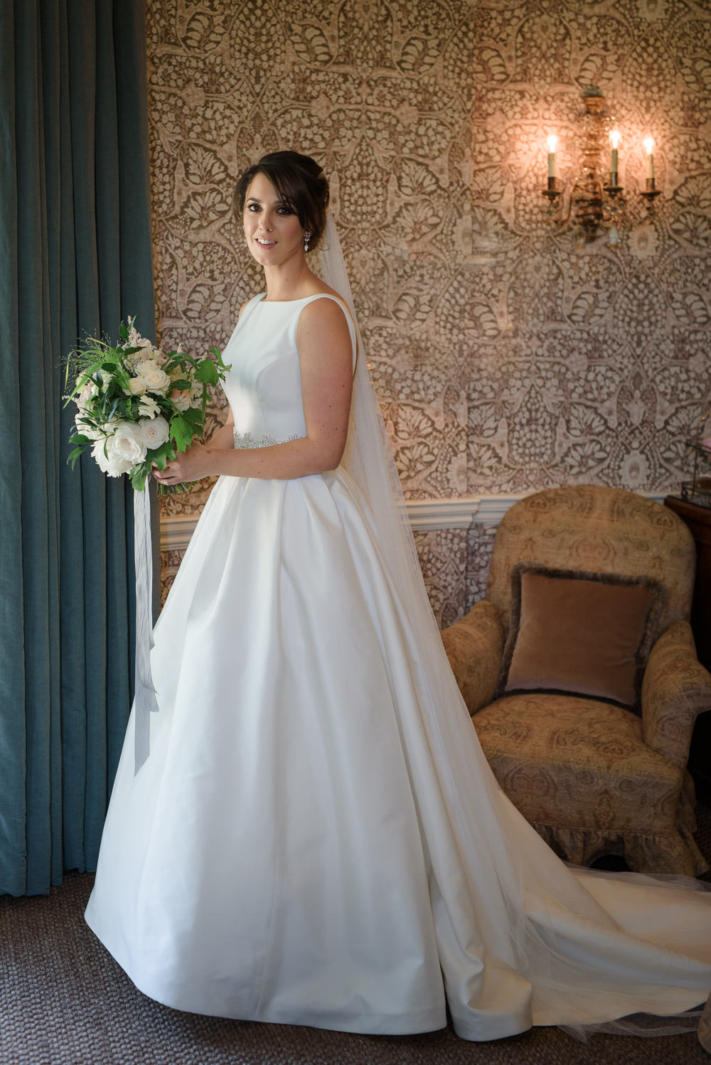Bride Bridal A Line Dress Straps Sleeveless Silk Veil Babington House Wedding Ria Mishaal Photography