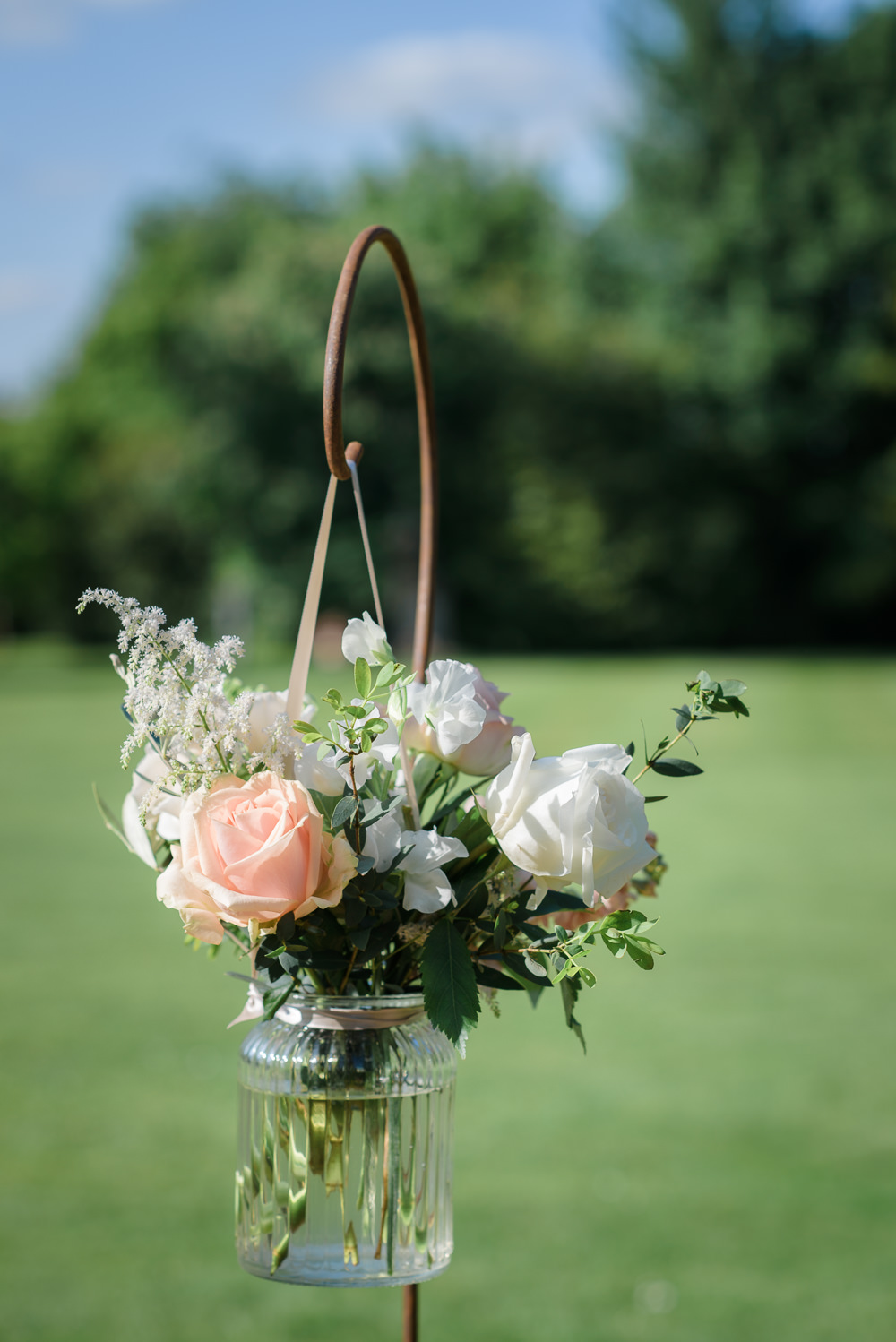 Shepherds Crook Jar Floral Flowers Greenery Peach Rose White Babington House Wedding Ria Mishaal Photography