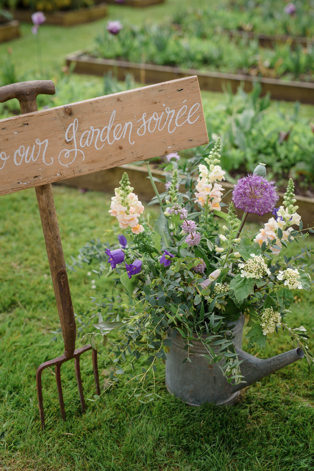 Watering Can Flowers Floral Stocks Wooden Sign Calligraphy Spade Babington House Wedding Ria Mishaal Photography