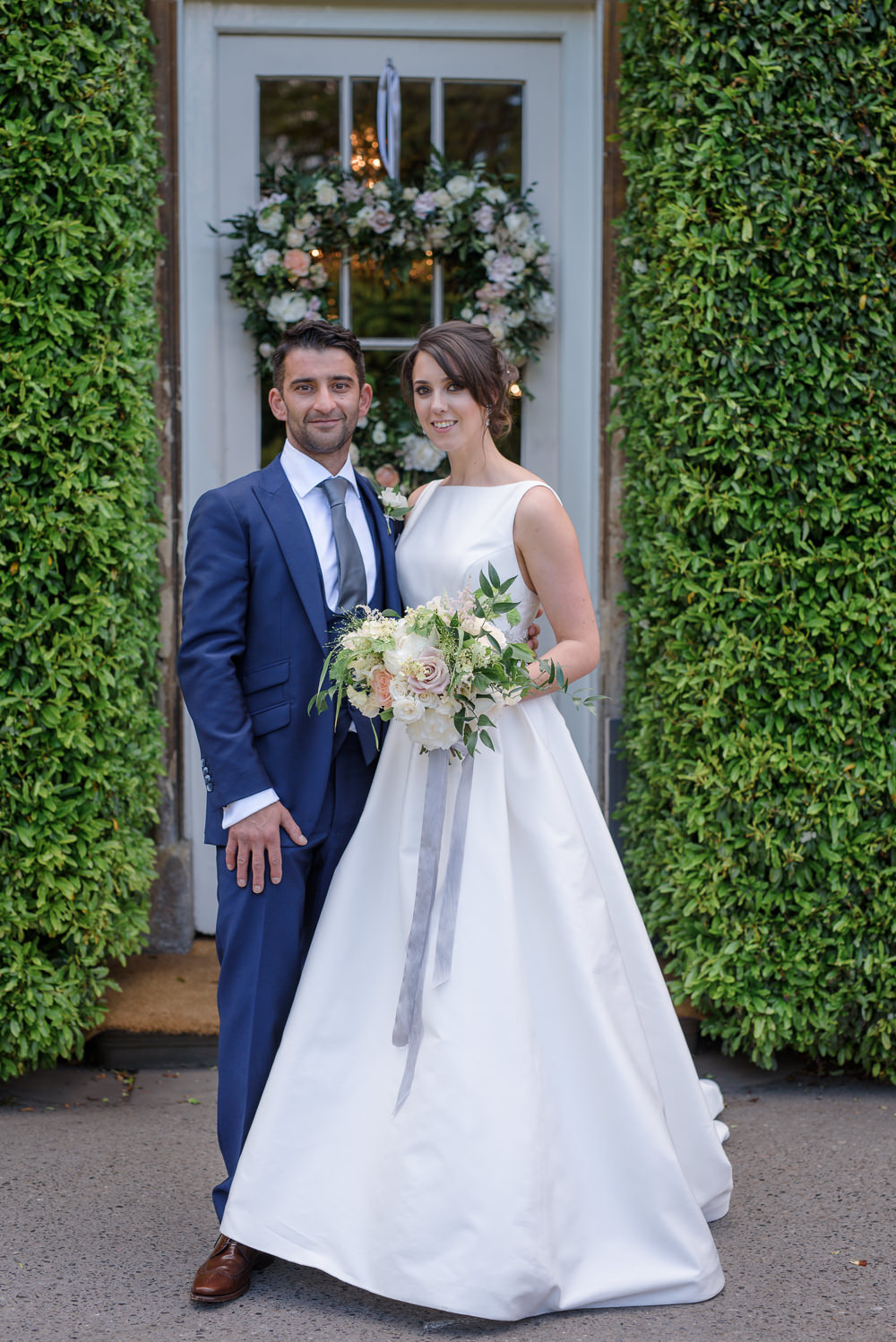 Bride Bridal A Line Dress Straps Sleeveless Silk Boat Neck Neck Blue Suit Groom Veil Babington House Wedding Ria Mishaal Photography