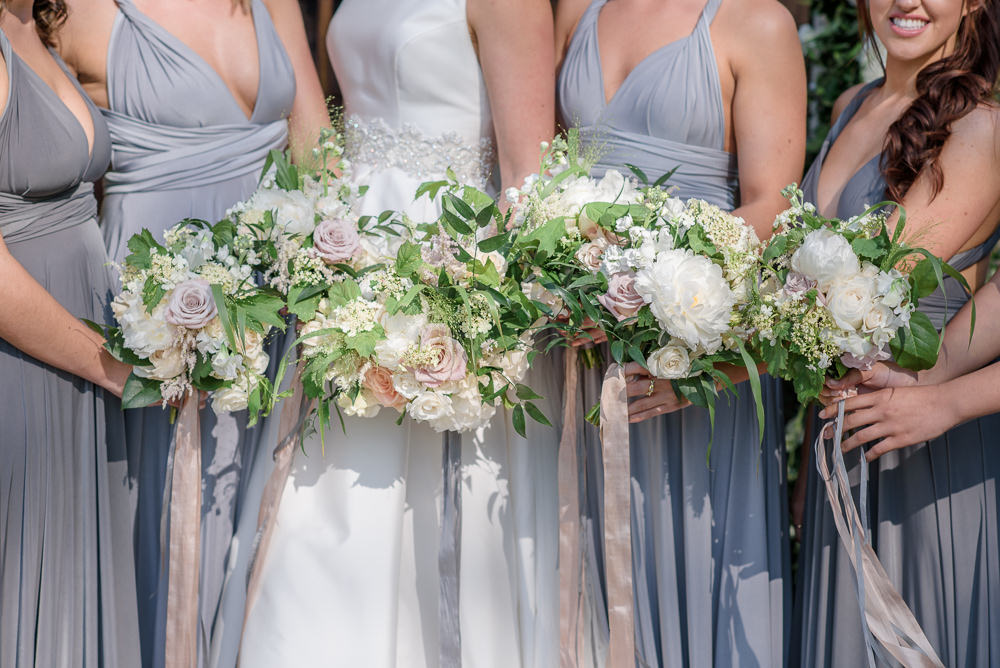 Bride Bridal Bridesmaids Bouquet Pink Blush White Roses Silk Ribbon Babington House Wedding Ria Mishaal Photography