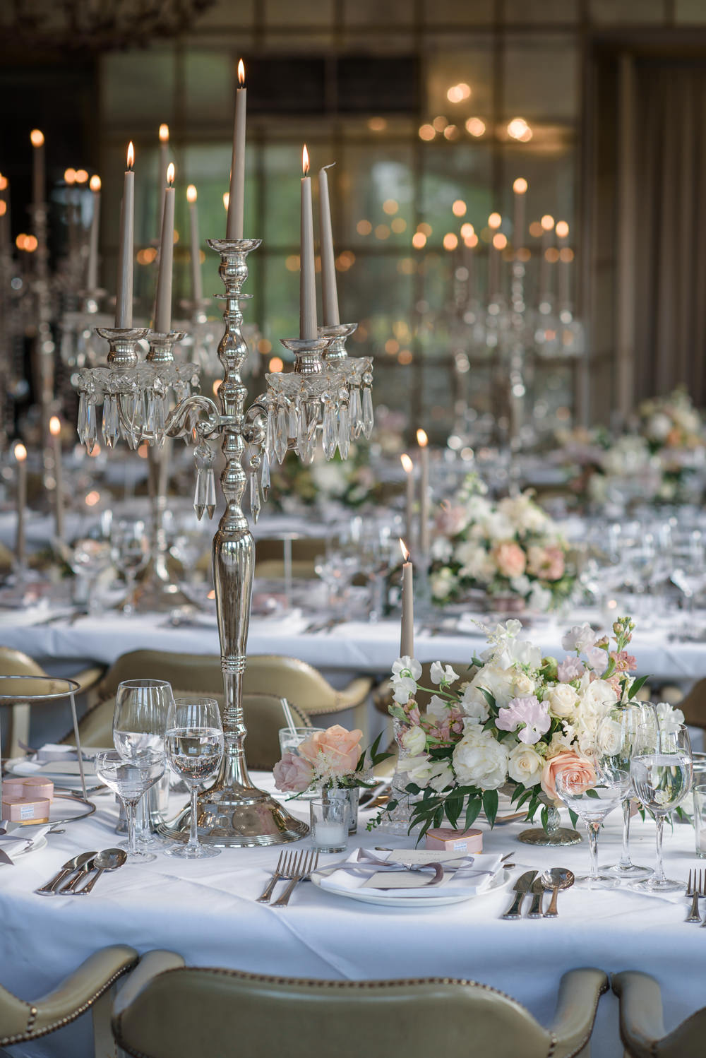 Pink Peach Blush Flowers Floral Tablescape Candleabra Babington House Wedding Ria Mishaal Photography