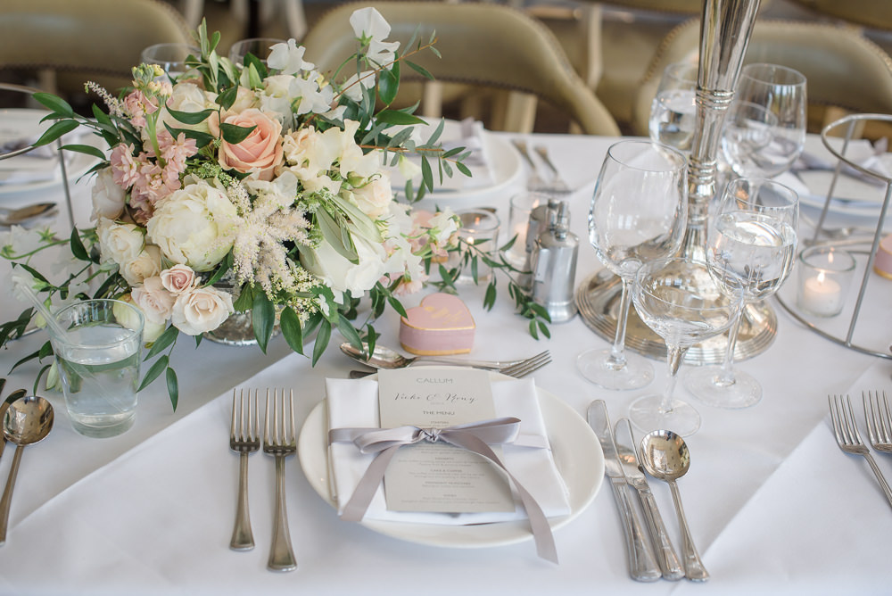 Table Setting Blush Peach Cream Rose Flowers Floral Ribbon Menu Babington House Wedding Ria Mishaal Photography
