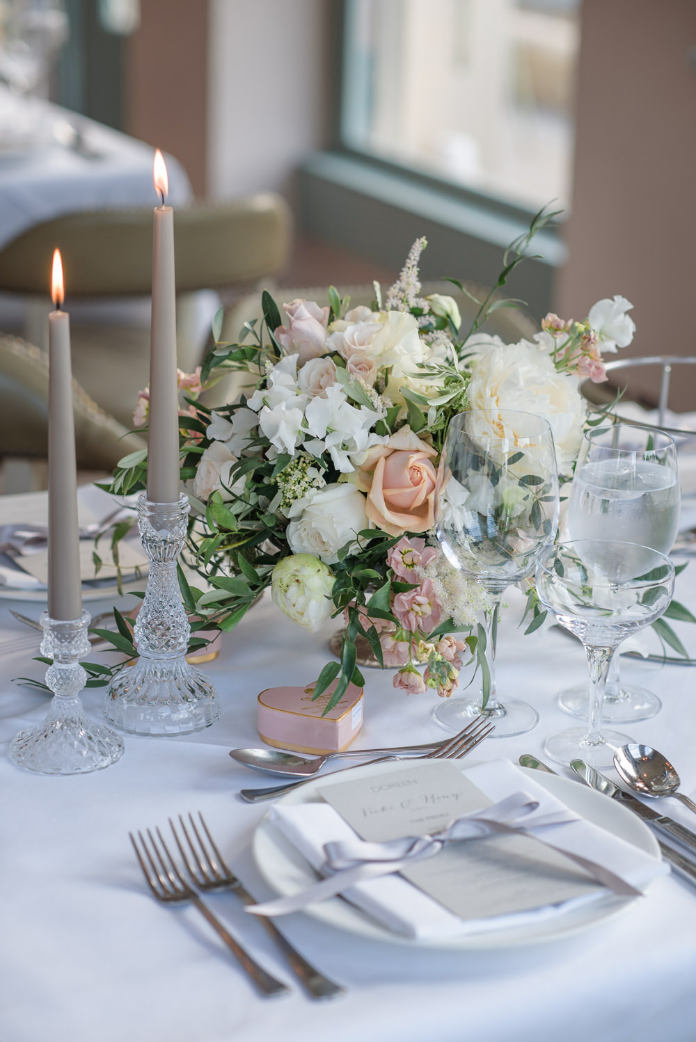 Crystal Candlestick Flowers Floral Blush Peach Cream Table Setting Babington House Wedding Ria Mishaal Photography