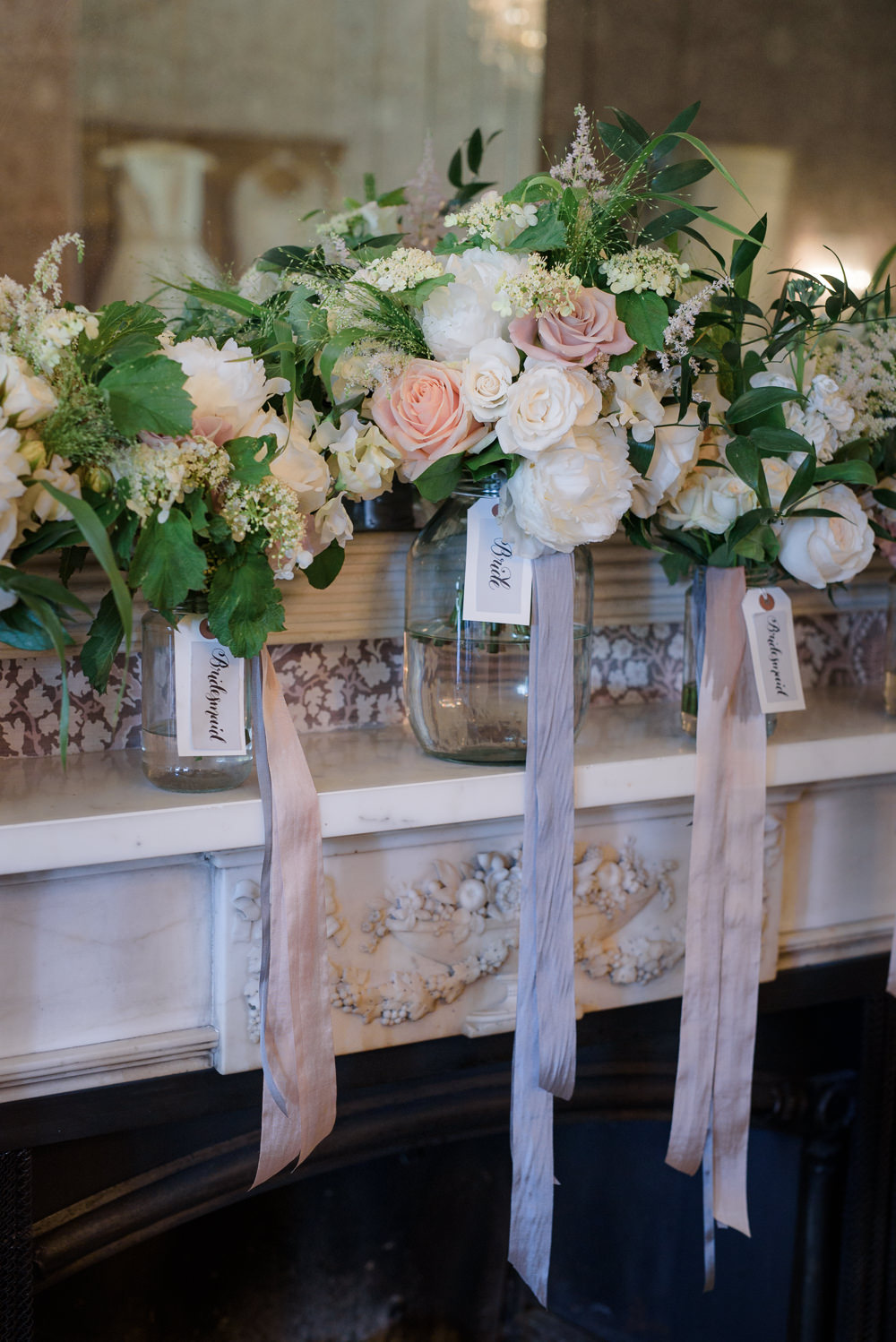 Bouquets Bride Bridal Bridesmaids Blush Roses Greenery Ribbons Silk Babington House Wedding Ria Mishaal Photography