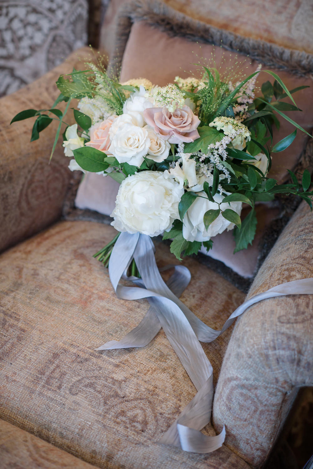 Bride Bridal Bouquet Roses Pink White Greenery Silk Ribbon Babington House Wedding Ria Mishaal Photography