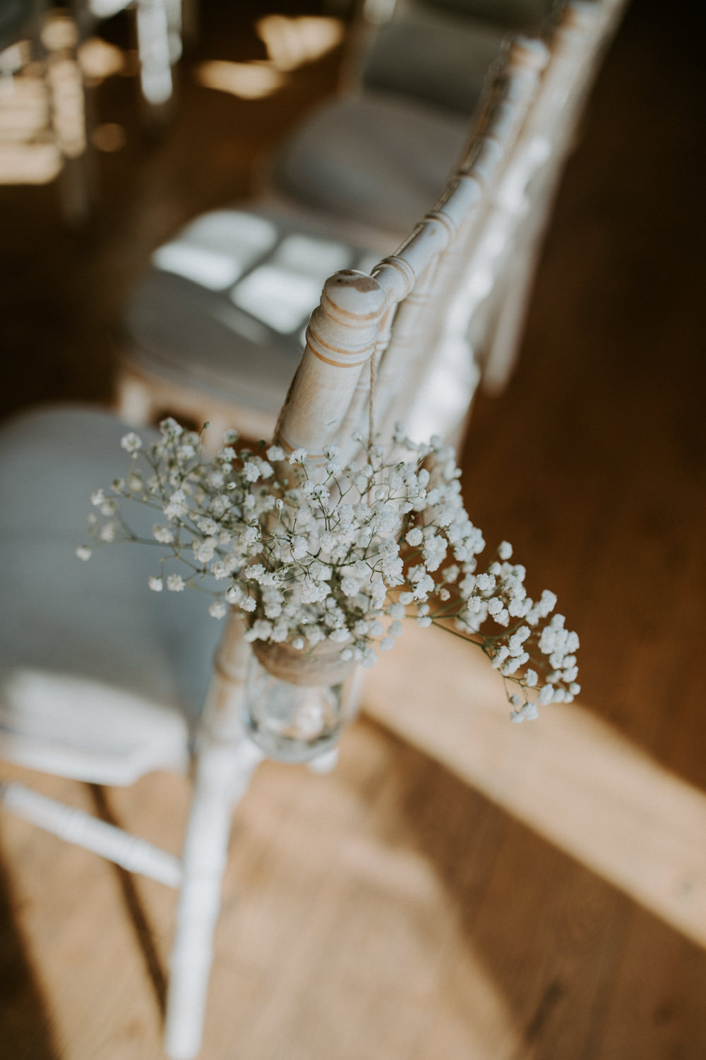 Gypsophila Flowers Jar Pew End Chairs Aisle Barn Upcote Wedding Siobhan Beales Photography