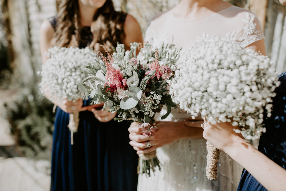 Bridesmaids Gypsophila Bouquet Flowers Bride Bridal Pink Greenery Foliage Astilbe Hessian Twine Wax Barn Upcote Wedding Siobhan Beales Photography