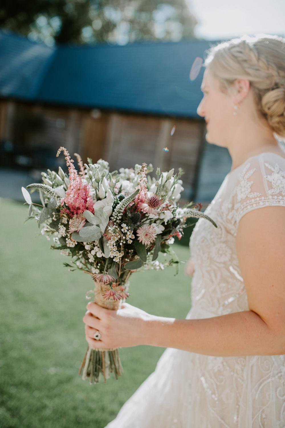 Bouquet Flowers Bride Bridal Pink Greenery Foliage Astilbe Hessian Twine Wax Barn Upcote Wedding Siobhan Beales Photography
