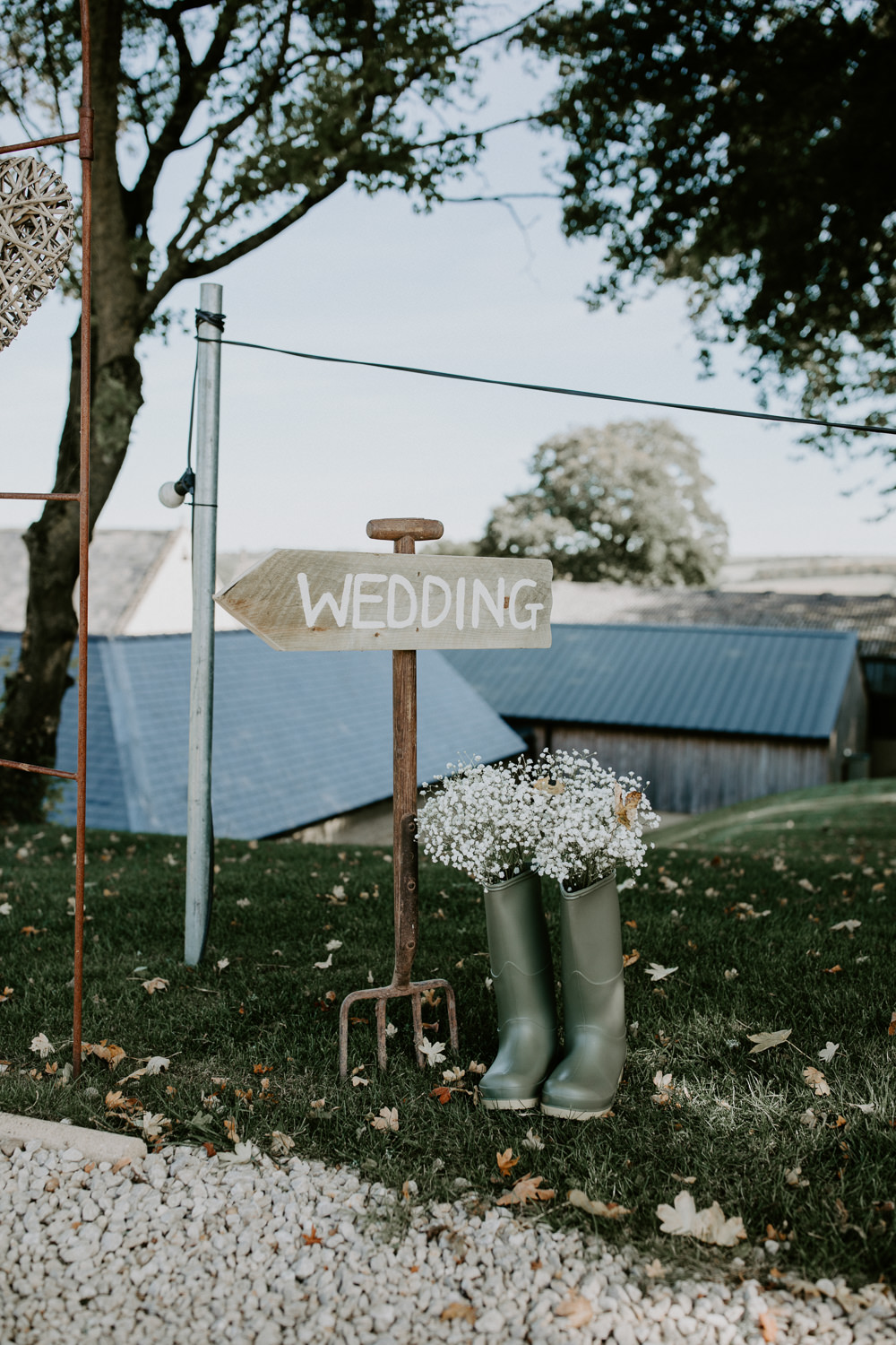 Wooden Sign Signage Garden Fork Welly Flowers Barn Upcote Wedding Siobhan Beales Photography