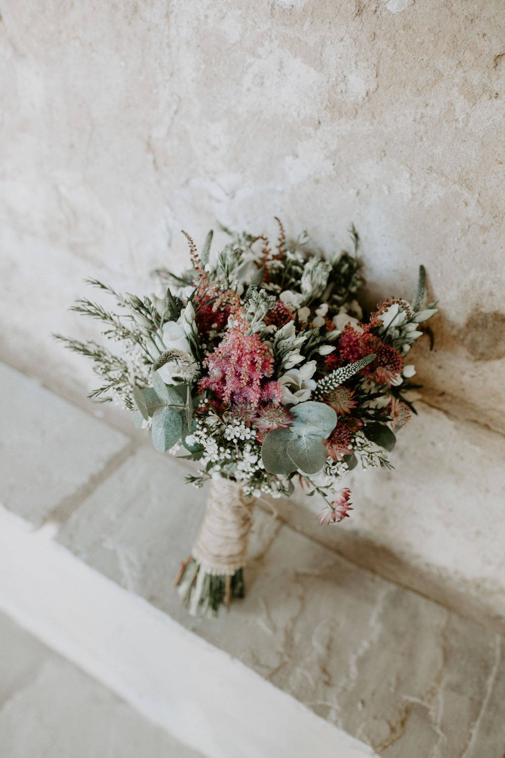 Bouquet Flowers Bride Bridal Pink Greenery Foliage Astilbe Hessian Twine Wax Barn Upcote Wedding Siobhan Beales Photography
