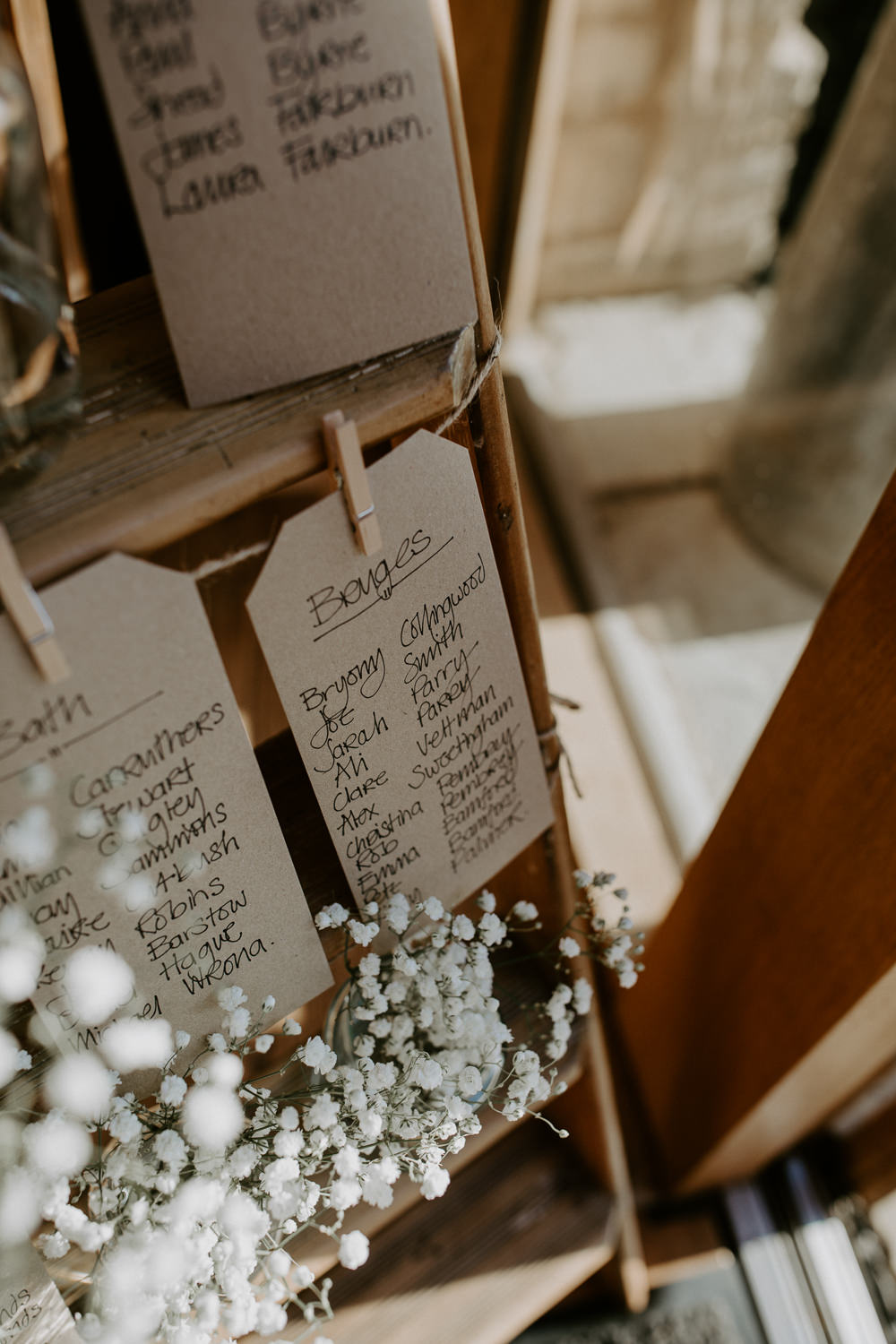 Wooden Ladder Seating Plan Table Chart Gypsophila Pegs Twine Barn Upcote Wedding Siobhan Beales Photography