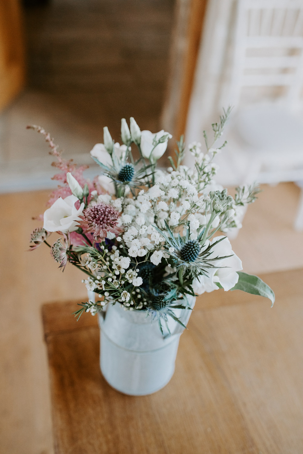 Flowers Watering Can Pink Grenery Thisle Astilbe Barn Upcote Wedding Siobhan Beales Photography