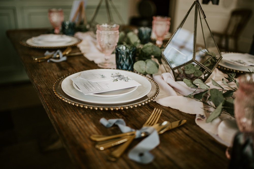 Tablescape Table Decor Terrariums Succulents Glasses Silk Runner Charger Plates Blue Rich Romantic Wedding Ideas Daze of Glory Photography Catherine Spiller Photography